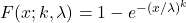  F(x; k, \lambda) = 1 - e^{-(x/\lambda)^k} 