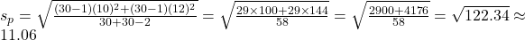  s_p = \sqrt{     \frac{         (30 - 1)(10)^2 + (30 - 1)(12)^2     }{         30 + 30 - 2     } } = \sqrt{     \frac{         29 \times 100 + 29 \times 144     }{         58     } } = \sqrt{     \frac{         2900 + 4176     }{         58     } } = \sqrt{122.34} \approx 11.06 