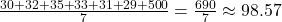  \frac{30 + 32 + 35 + 33 + 31 + 29 + 500}{7} = \frac{690}{7} \approx 98.57 