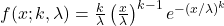  f(x; k, \lambda) = \frac{k}{\lambda} \left( \frac{x}{\lambda} \right)^{k-1} e^{-(x/\lambda)^k} 