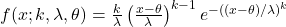  f(x; k, \lambda, \theta) = \frac{k}{\lambda} \left( \frac{x - \theta}{\lambda} \right)^{k-1} e^{-((x-\theta)/\lambda)^k} 